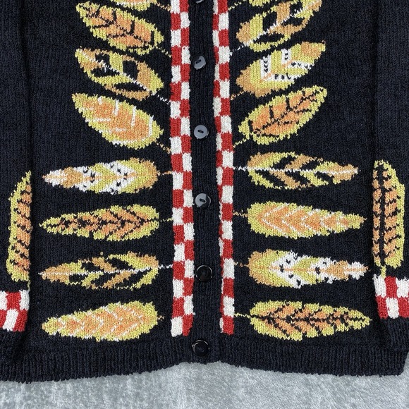 Vintage‎ South Cotton Sweater Womens M Black Hand Loomed Cardigan Fall Feathers - Picture 3 of 10